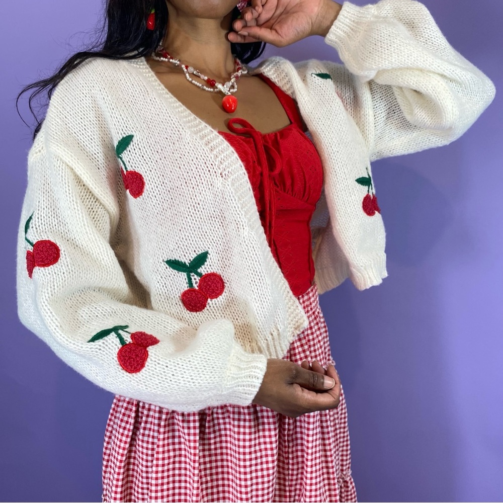 SHEIN Cream and Red Cherry Knit Cardigan